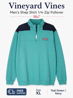 Vineyard Vines Men's Shep Shirt 1/4 Zip Pullover XL Teal Navy 100% Cotton